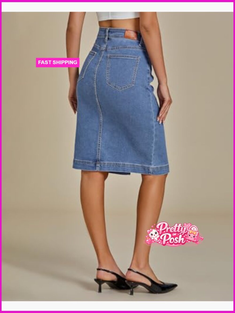 High Waisted Midi Denim Pencil Skirt with Slit Stretchy - Picture 6 of 7